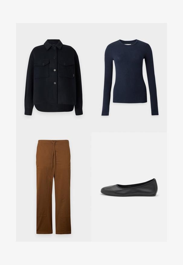 Veste en polaire noire avec col pointu, fermeture à boutons sur le devant, deux poches poitrine et un ourlet incurvé. Texture douce et coupe décontractée.; Pull ajusté bleu marine côtelé à manches longues avec col rond sur fond gris clair.; Pantalon marron à jambes larges en coton doux, avec un nœud à l'avant, deux grandes poches plaquées, et une finition lisse sans texture.; Ballerines en cuir noir avec un bout rond, texture lisse, détails de couture minimalistes et design de semelle flexible.