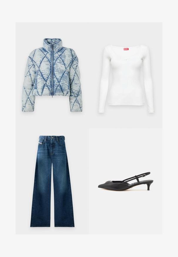 Lichtblauwe gewatteerde pufferjack met ruitpatroon, hoge kraag, lange mouwen en centrale ritssluiting.; Witte strakke top met lange mouwen, een brede scoop-halslijn en een rood Diesel-merklabel aan de binnenkant van de kraag.; Brede denim jeans in een donkere was. Voorzien van een traditionele vijf-pocketontwerp, knoopsluiting en lichte vervaging op de dijen.; Zwarte slingback schoenen met een puntige neus, gemaakt van glad materiaal, met een kleine hak en een decoratieve zilverkleurige accent op de wreef.