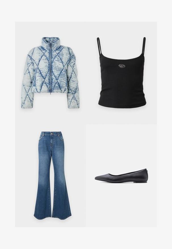 Lyseblå quiltet pufferjakke med diamantmønster, høj krave, lange ærmer og central lynlås.; Sort ribstrikket camisole-top med tynde stropper og en lille metallisk logo midt på. Stoffet virker strækbart og kropsnært.; Blå flagrende jeans i klassisk denimmateriale, høj talje og subtil falming med en bred ankelåbning, ingen synlige udsmykninger.; Sort flad lædersko med spidst tåparti og lav hæl, vist i sideprofil mod en hvid baggrund.