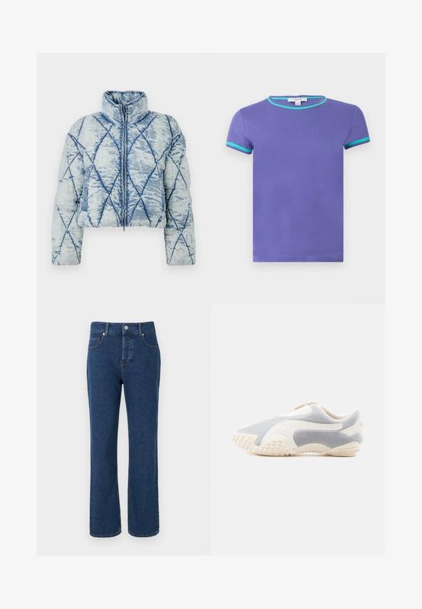 Chaqueta acolchada de color azul claro con patrón de diamante, cuello alto, mangas largas y cierre central de cremallera.; Camiseta morada de manga corta con ribete turquesa en contraste en el cuello y los bordes de las mangas, presentada sobre un fondo blanco.; Jeans de mezclilla azul de corte recto con cinco bolsillos, trabillas para cinturón, cierre de botón y detalles de costuras visibles.; Zapatilla deportiva en gamuza gris claro con acentos en cuero blanco. Presenta una suela texturizada con pequeñas puntas para agarre. Diseño tipo slip-on.