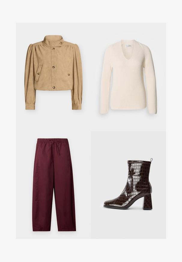 Veste courte beige avec col haut, manches longues bouffantes, devant boutonné, poches à rabat boutonnées, et détails de boutons sur le col et les poignets.; Pull en tricot couleur crème avec un col en V, des manches longues et une texture côtelée, offrant une coupe décontractée sans motif ni accents visibles.; Pantalon ample couleur bordeaux avec taille élastique et cordon de serrage, jambes droites, sans poches visibles ni motifs.; Bottine en cuir verni marron foncé, avec texture crocodile, talon carré et tirant à l'arrière sur fond blanc.