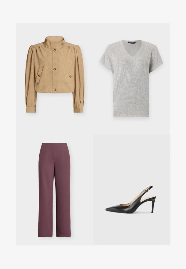 Veste courte beige avec col haut, manches longues bouffantes, devant boutonné, poches à rabat boutonnées, et détails de boutons sur le col et les poignets.; Pull à col en V argenté à manches courtes avec un motif tricoté texturé scintillant et une coupe décontractée.; Pantalon femme taille haute, jambe droite, en tissu violet uni atténué, sans poches visibles ni ornements, vue de face sur fond blanc.; Escarpins en cuir noir avec une pointe fine, une bride ajustable et un talon aiguille élégant, présentant une finition lisse.