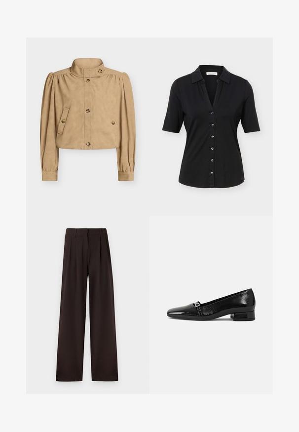 Veste courte beige avec col haut, manches longues bouffantes, devant boutonné, poches à rabat boutonnées, et détails de boutons sur le col et les poignets.; Chemise noire à manches courtes avec col, six boutons sur le devant, et une silhouette légèrement cintrée.; Pantalon marron foncé à jambes larges avec plis et passants pour ceinture, doté d'une fermeture éclair avant et d'un ourlet net sur un fond uni.; Ballet flats en cuir verni noir avec un bout pointu, un petit talon carré et un détail de boucle métallique sur la sangle. Texture lisse.
