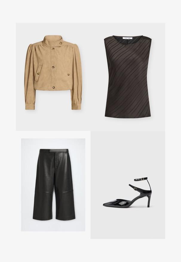 Veste courte beige avec col haut, manches longues bouffantes, devant boutonné, poches à rabat boutonnées, et détails de boutons sur le col et les poignets.; Haut sans manches marron foncé avec des rayures noires diagonales, col rond et étiquette de la marque à l'intérieur du col.; Culottes noires à jambes larges en similicuir, taille haute, passants pour ceinture, détail couture devant et longueur mi-mollet sur fond uni.; Talons en cuir verni noir avec un bout pointu, des sangles de cheville ajustables et un talon fin. Texture lisse avec une finition brillante.