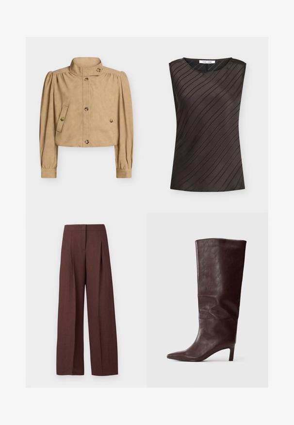Veste courte beige avec col haut, manches longues bouffantes, devant boutonné, poches à rabat boutonnées, et détails de boutons sur le col et les poignets.; Haut sans manches marron foncé avec des rayures noires diagonales, col rond et étiquette de la marque à l'intérieur du col.; Pantalon marron à jambes larges et taille haute avec plis devant et fermeture avant dissimulée, présenté sur fond blanc uni.; Botte en cuir marron foncé, haute et à bout pointu, avec un talon slim de hauteur moyenne sur fond blanc uni.