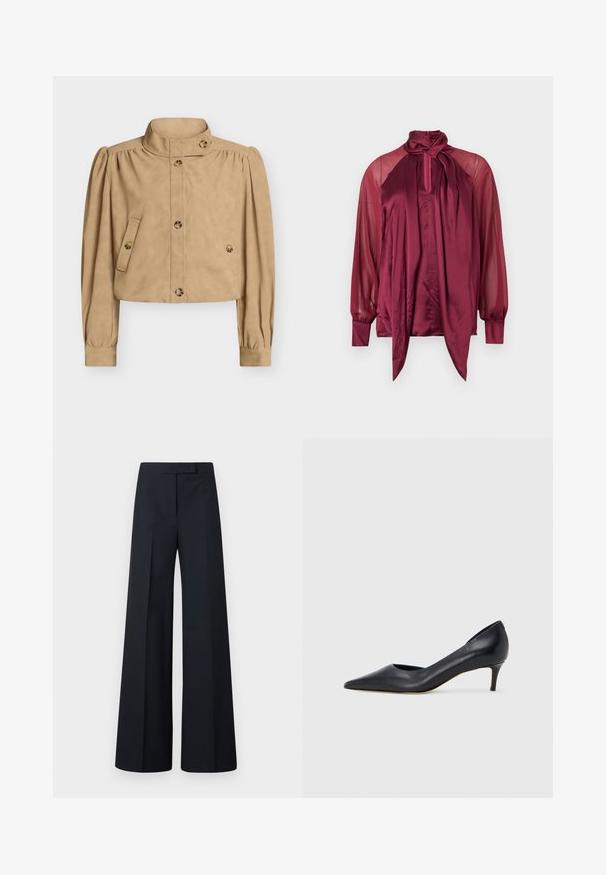 Veste courte beige avec col haut, manches longues bouffantes, devant boutonné, poches à rabat boutonnées, et détails de boutons sur le col et les poignets.; Blouse bordeaux à manches longues avec manches transparentes, devant en satin, col montant et détail d'un nœud noué au col.; Pantalon large noir taille haute avec plis, fermeture avant dissimulée et taille cintrée.; Escarpin en cuir noir avec un bout pointu et un talon bas. Présente une texture lisse et un éclat subtil. Découpe ouverte à l'avant pour un détail supplémentaire.