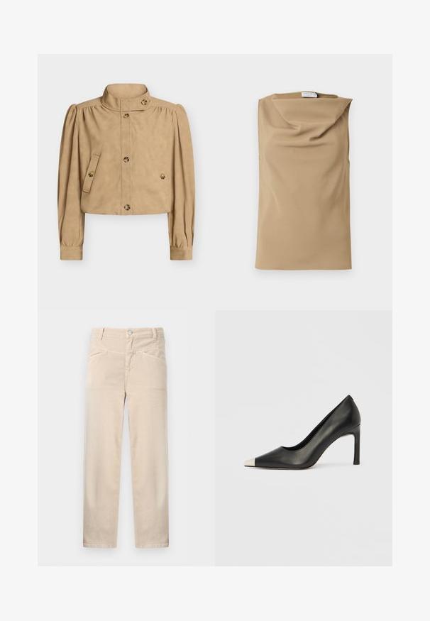 Veste courte beige avec col haut, manches longues bouffantes, devant boutonné, poches à rabat boutonnées, et détails de boutons sur le col et les poignets.; Haut sans manches beige avec un col ample et drapé et une petite étiquette visible au niveau du col sur fond blanc.; Pantalon beige taille haute à jambes droites avec fermeture à boutons et fermeture éclair à l'avant, passants pour ceinture, et deux poches avant.; Chaussure à talon haut en cuir noir avec bout pointu et capuchon argenté métallique. Présente une finition lisse et un talon fin de 10 cm.