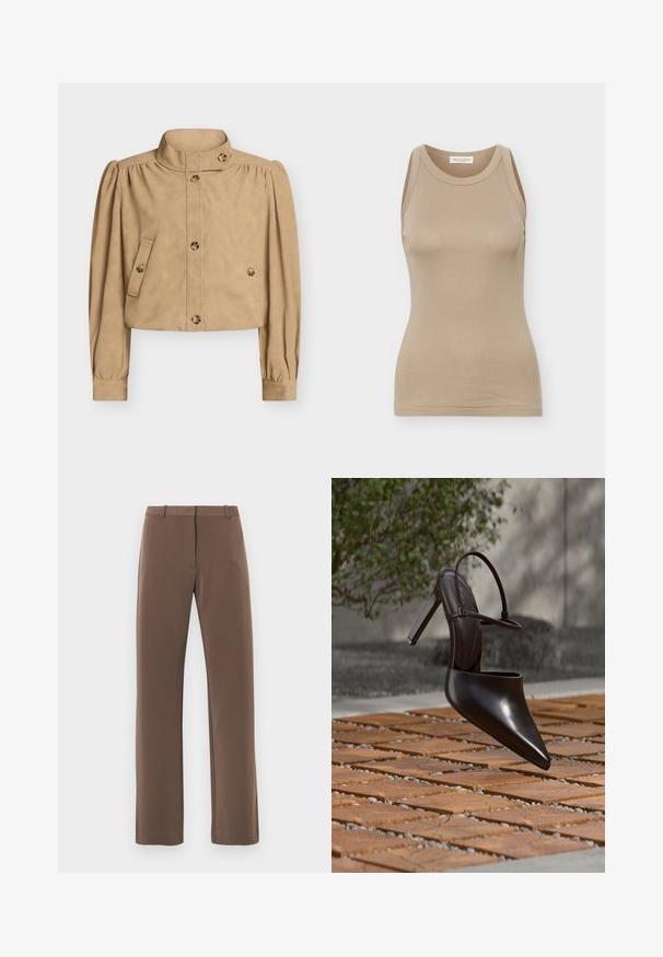 Veste courte beige avec col haut, manches longues bouffantes, devant boutonné, poches à rabat boutonnées, et détails de boutons sur le col et les poignets.; Débardeur beige ajusté pour femmes, sans manches, avec encolure ronde et étiquette Marc O'Polo à l'intérieur du col arrière.; Pantalon marron à jambes droites avec une texture lisse, doté d'une ceinture avec passants et de deux poches latérales. Design classique, sans motifs.; Mule noire brillante à talons hauts avec bout pointu et bride à la cheville, suspendue au-dessus d'une surface carrelée en terre cuite avec des interstices remplis de gravier.