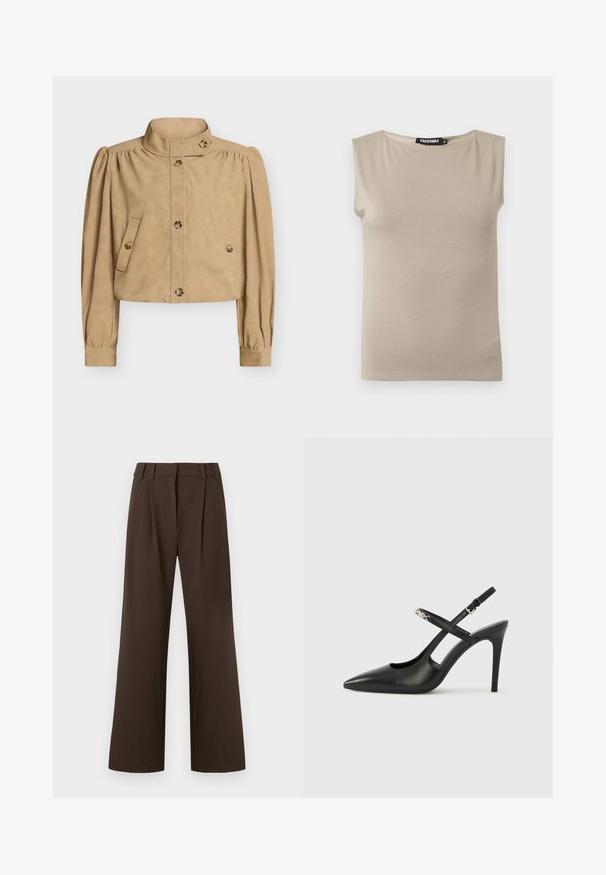 Veste courte beige avec col haut, manches longues bouffantes, devant boutonné, poches à rabat boutonnées, et détails de boutons sur le col et les poignets.; Haut beige en coton sans manches avec larges bretelles et col rond, taille moyenne, posé à plat sur fond blanc.; Pantalon marron à jambes larges avec une taille haute, présentant des plis à l'avant, fabriqué dans un tissu lisse sans motifs ni accents visibles.; Escarpins slingback en cuir noir avec bout pointu, design ajouré et bride ajustable ornée de ferrures métalliques.