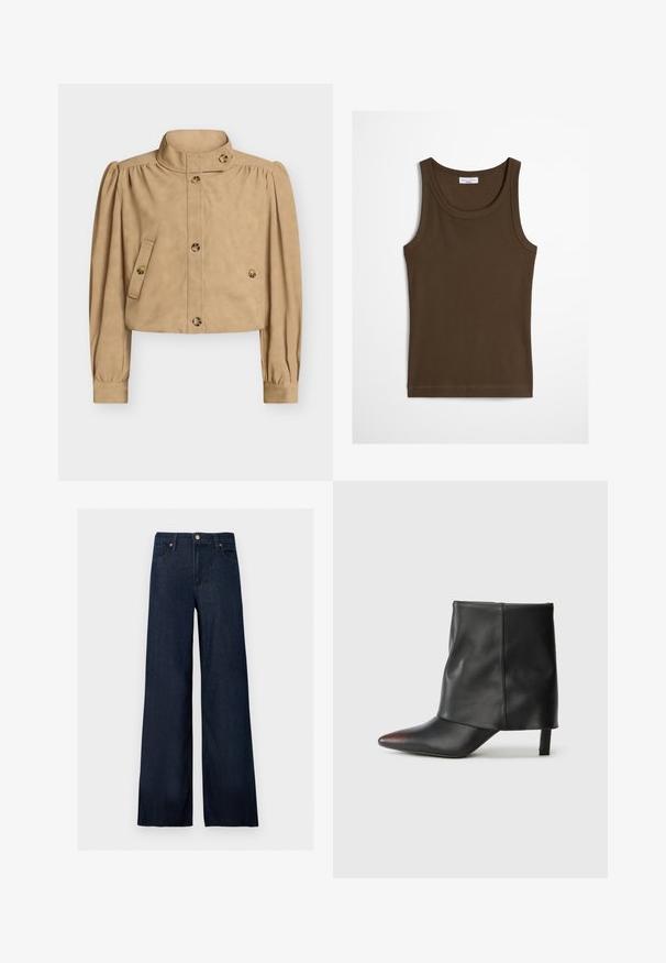 Veste courte beige avec col haut, manches longues bouffantes, devant boutonné, poches à rabat boutonnées, et détails de boutons sur le col et les poignets.; Débardeur côtelé marron sans manches avec encolure ronde, étiqueté Marc O'Polo Denim, posé à plat sur fond blanc.; Jean denim bleu foncé à jambes larges avec bouton à l'avant, passants pour ceinture et style cinq poches sur fond uni.; Bottine noire en cuir lisse avec un bout pointu et un talon effilé. La tige présente un design légèrement froncé.