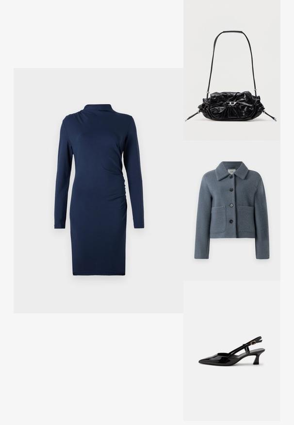 Blågrå tekstureret uldjakke med bred krave, frontknaplukning og to store påsyede lommer, præsenteret på en hvid baggrund.; DRYKORN BEATREA - Jerseykjole - blue; Sort laklæderslingback med lille hæl, spids tå og justerbar guldlåsrem på hvid baggrund.; Sort læderhåndtaske med et opsamlet design og sløjfedetalje foran. Har en kort hank og sølvfarvede hardware-accenter.