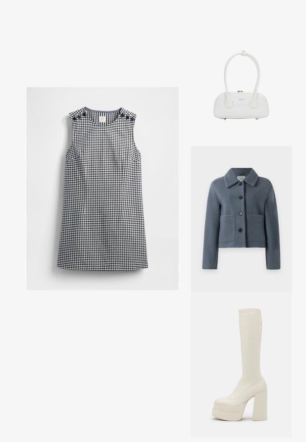 Blauw-grijs getextureerde wollen jack met een brede kraag, sluiting met knopen aan de voorkant en twee grote opgestikte zakken, gepresenteerd op een witte achtergrond.; Mouwloze marineblauwe en witte gingham jurk met ronde halslijn en knoopdetails op beide schouders, plat gelegd op een witte achtergrond.; Steve Madden CYPRESS - Plateaulaarzen - off white; Witte handtas van lakleer met dubbele afgeronde handvatten, zilverkleurige ritsluiting en subtiel "estro"-logo aan de voorkant.