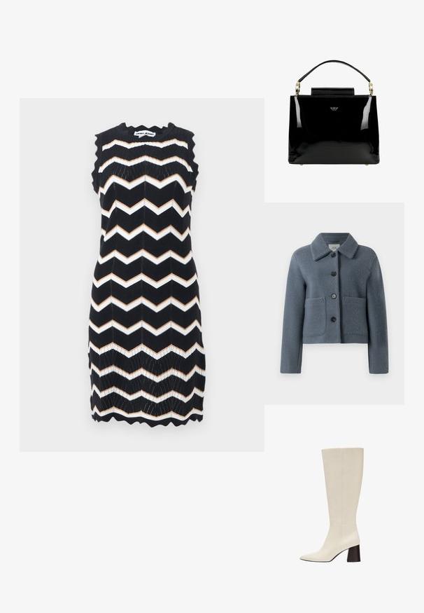 Veste en laine texturée bleu-gris avec un large col, fermeture par boutons sur le devant et deux grandes poches plaquées, présentée sur un fond blanc.; Robe noire sans manches en tricot avec des rayures en zigzag blanches et beige, bords festonnés, et étiquette DKNY Jeans au niveau du col.; Botte en cuir couleur crème montant jusqu’au genou avec bout pointu et talon bloc foncé sur fond blanc.; Sac à main en cuir verni noir avec un design structuré, comportant une poignée supérieure, des accents en métal doré et un petit rabat à l'avant.