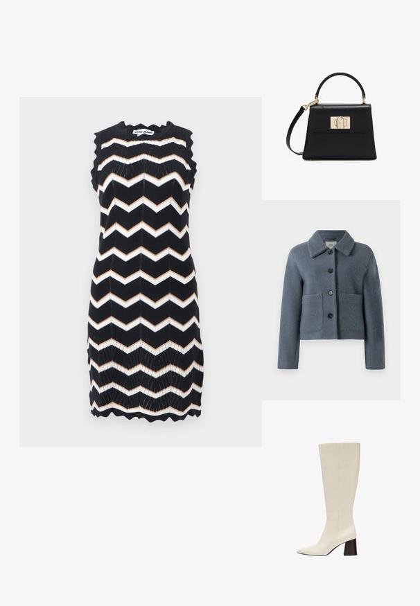 Veste en laine texturée bleu-gris avec un large col, fermeture par boutons sur le devant et deux grandes poches plaquées, présentée sur un fond blanc.; Robe noire sans manches en tricot avec des rayures en zigzag blanches et beige, bords festonnés, et étiquette DKNY Jeans au niveau du col.; Botte en cuir couleur crème montant jusqu’au genou avec bout pointu et talon bloc foncé sur fond blanc.; Sac à main en cuir noir avec une poignée supérieure, une bandoulière amovible et un fermoir rectangulaire doré sur le rabat avant.