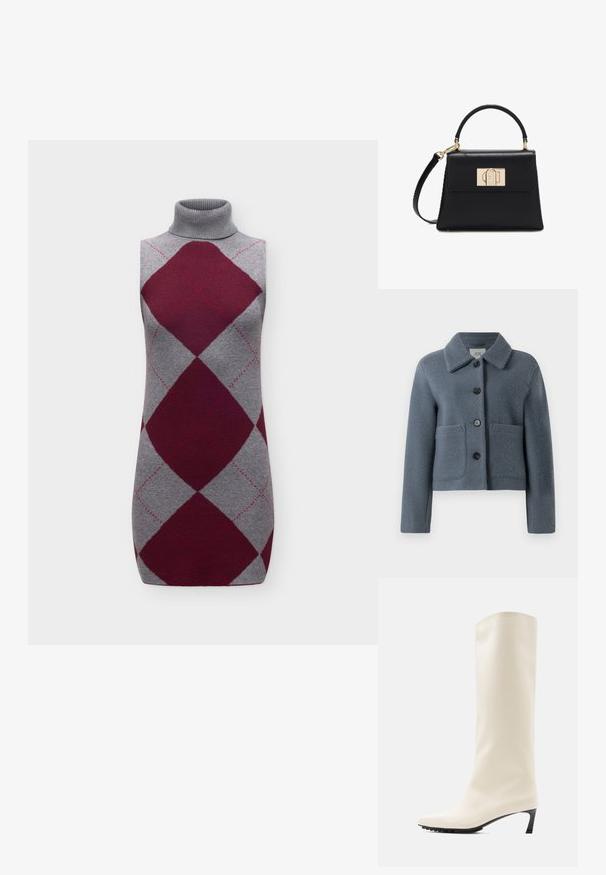 Veste en laine texturée bleu-gris avec un large col, fermeture par boutons sur le devant et deux grandes poches plaquées, présentée sur un fond blanc.; Robe en maille grise sans manches à col roulé avec de grands losanges bordeaux en motif argyle et des détails de surpiqûres roses subtils.; Botte blanche hauteur genou en matériau lisse avec un bout pointu et un talon noir fin. Présente un design épuré et un marquage minimal.; Sac à main en cuir noir avec une poignée supérieure, une bandoulière amovible et un fermoir rectangulaire doré sur le rabat avant.