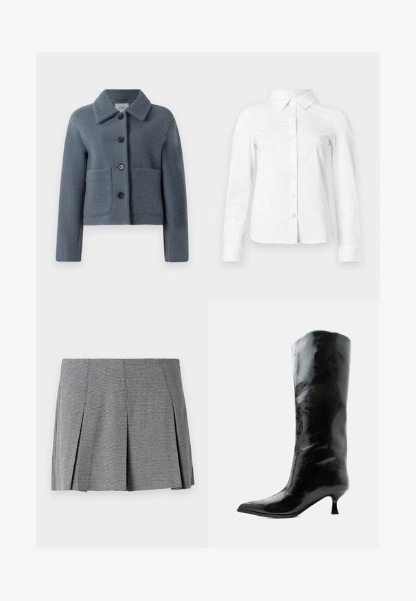 Modrá-sivá textúrovaná vlnená bunda so širokým golierom, predným zapínaním na gombíky a dvoma veľkými náprsnými vreckami, vystavená na bielom pozadí.; Biela košeľa s dlhými rukávmi, zapínaná na gombíky, so špicatým golierom, priamym lemom a priliehavým strihom, zobrazená na jednoduchom svetlom pozadí.; Sivá plisovaná mini sukňa vyrobená z textúrovanej látky, s mriežkovaným vzorom a rovnými líniami, doplnená o bočné rozparky.; Čierna lesklá kožená čižma po kolená so špicatou špičkou a nízkym zakriveným opätkom na jednoduchom svetlom pozadí.