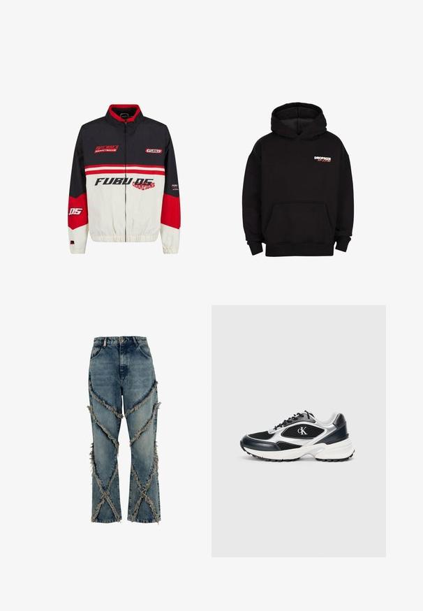 Chaqueta FUBU con una combinación de colores negro, rojo y blanco. Fabricada con material ligero, cuenta con cierre de cremallera, puños elásticos y un texto de logotipo audaz.; Sudadera negra con bolsillo frontal y el texto "DROPSIZE No Limits" en blanco y rojo en el lado izquierdo del pecho, exhibida sobre un fondo blanco.; Vaqueros azules de mezclilla con cintura alta y costuras desgastadas diagonales que forman patrones en X en las piernas, cierre de botón y cremallera.; Zapatilla deportiva negra y plateada con parte superior de malla y sintético, acentos texturizados, entresuela blanca gruesa y suela exterior negra de goma. Presenta logo.