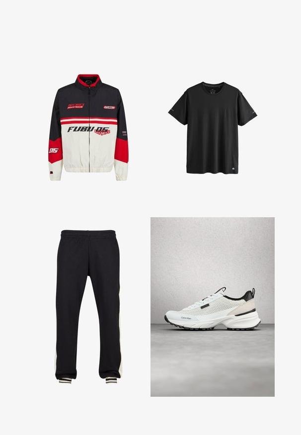 FUBU bunda s čierno-červenobielou farebnou schémou. Vyrobená z ľahkého materiálu so zipsom, elastickými manžetami a výrazným logom.; Čierne športové tričko s krátkym rukávom a okrúhlym výstrihom, s jemnými logami na rukávoch a spodnom okraji, stredná veľkosť.; Čierne tepláky vo voľnom strihu, s krémovými bočnými pruhmi a rebrovanými manžetami. Vyrobené z mäkkej látky pre pohodlie a trvácnosť.; Bielo-čierna teniska Calvin Klein s bočnými sieťovinami a hrubou podrážkou plávajúca nad sivou podlahou neďaleko steny zo sklenených blokov.