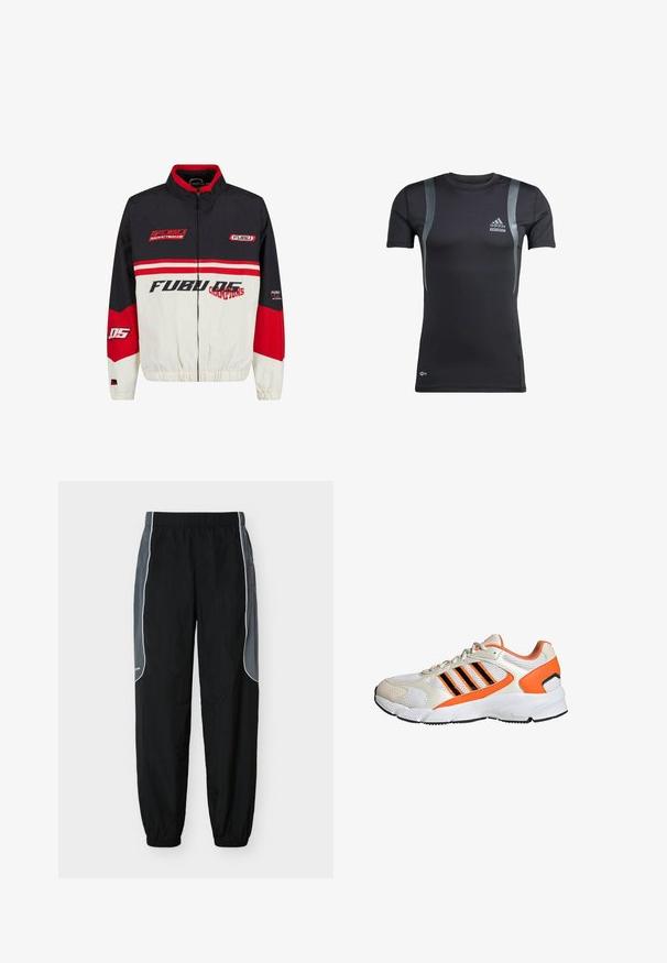 FUBU bunda s čierno-červenobielou farebnou schémou. Vyrobená z ľahkého materiálu so zipsom, elastickými manžetami a výrazným logom.; Čierne športové tričko s krátkym rukávom a šedými akcentmi, vyrobené z elastickej látky. Na ľavej hrudi sa nachádza logo Adidas a branding Techfit.; Čierne tepláky s tmavošedými bočnými panelmi a bielym lemovaním, elastickým pásom a manžetami, zobrazené na bielom pozadí.; Športové topánky s bielou sieťovinou, oranžovými a čiernymi akcentmi, hrubou podrážkou a tromi čiernymi pruhmi po strane.