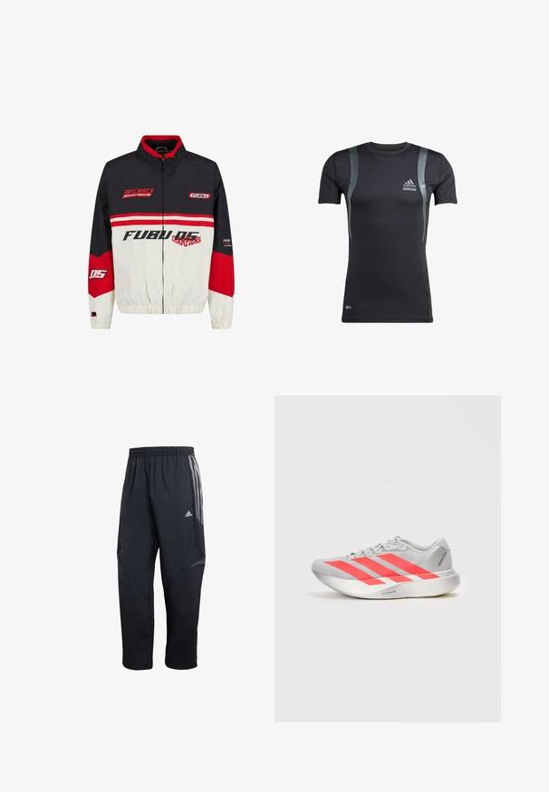 FUBU bunda s čierno-červenobielou farebnou schémou. Vyrobená z ľahkého materiálu so zipsom, elastickými manžetami a výrazným logom.; Čierne športové tričko s krátkym rukávom a šedými akcentmi, vyrobené z elastickej látky. Na ľavej hrudi sa nachádza logo Adidas a branding Techfit.; Čierne športové nohavice s elastickým pásom, s šedými bočnými pruhmi, so štruktúrovaným panelom a zúženým strihom nohavíc.; Biela bežecká obuv s jasne oranžovými pruhmi, ľahkou odpruženou podrážkou a šnurovacím dizajnom, zobrazená z boku na jednoduchom pozadí.
