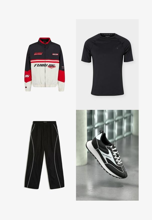 FUBU bunda s čierno-červenobielou farebnou schémou. Vyrobená z ľahkého materiálu so zipsom, elastickými manžetami a výrazným logom.; Čierne športové tričko s krátkym rukávom a okrúhlym výstrihom s malým logom na ľavej strane hrude, zobrazené na jednoduchom svetlom pozadí.; Čierne voľné tepláky s elastickým pásom a bielym zakriveným lemovaním po vonkajšej strane každej nohavice.; Športová obuv v čierno-bielej farbe z priedušného sieťovaného materiálu, s hladkým dizajnom, viazaním na šnúrky a čiernou textúrovanou gumovou podrážkou. Viditeľné logo značky.