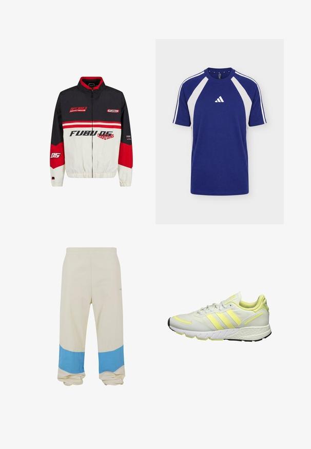 FUBU bunda s čierno-červenobielou farebnou schémou. Vyrobená z ľahkého materiálu so zipsom, elastickými manžetami a výrazným logom.; Modrobiele športové tričko s krátkym rukávom, okrúhlym výstrihom a logom Adidas v strede prednej časti.; Béžové nohavice so širokým modrým pásom pri leme. Vyrobené z jemného materiálu, s elastickým pásom a voľným strihom.; Biele športové topánky s žltými akcentami, s hladkým vrchom, textúrovanou podrážkou a tromi pruhmi na boku pre branding.