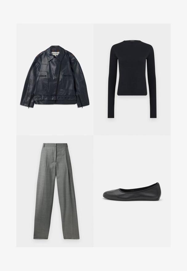 Marineblå læderjakke med en struktureret design, der har lynlås foran, to brystlommer og kontrasterende brune detaljer på skuldrene.; Sort langærmet tætsiddende crop-top med rund halsudskæring, lavet af ribstrikket stof, vist på ensartet lysegrå baggrund.; Grå skræddersyede bukser med høj talje, plisseret front og bred ben design. Fremstillet af et tekstureret stof, med bæltesløjfer og glatte sømme.; Sort læderballetsko med rund tå, glat tekstur, minimal syning og et fleksibelt såldesign.