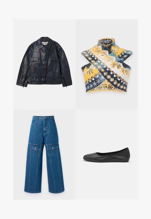 Marineblaue Lederjacke mit strukturiertem Design, ausgestattet mit einem Reißverschluss vorne, zwei Brusttaschen und kontrastierenden braunen Akzenten an den Schultern.; Paolina Russo WARRIOR CROSSOVER - Top - indigo; Weite Jeanshose in Hellblau mit hoher Taille, sichtbaren Nähten und je zwei aufgesetzten Taschen mit Knopf auf jeder Seite.; Schwarze Leder-Ballettschuhe mit abgerundeter Spitze, glatter Textur, minimalen Nähdetails und einem flexiblen Sohlen-Design.