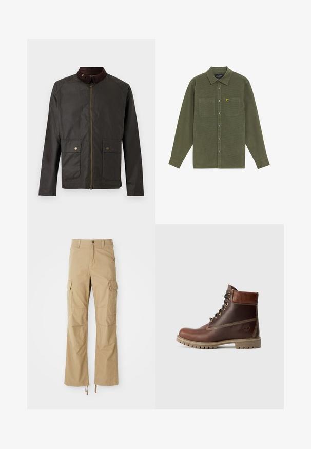 Barbour BEDALE WAX JACKET - Übergangsjacke - olive; Langärmliges olivgrünes Hemd mit Knöpfen, zwei Brusttaschen, Kragen und gelbem Vogel-Logo auf der linken Tasche.; Khakifarbene Cargo-Hosen aus strapazierfähigem Material, mit mehreren Seitentaschen, geradem Bein-Design und verstellbaren Kordeln am Saum.; Braune Leder-Schnürstiefelette mit gepolsterter Knöchelpartie, kontrastierenden Nähten und robustem Sohlendesign, von der Außenseite auf einem weißen Hintergrund gezeigt.