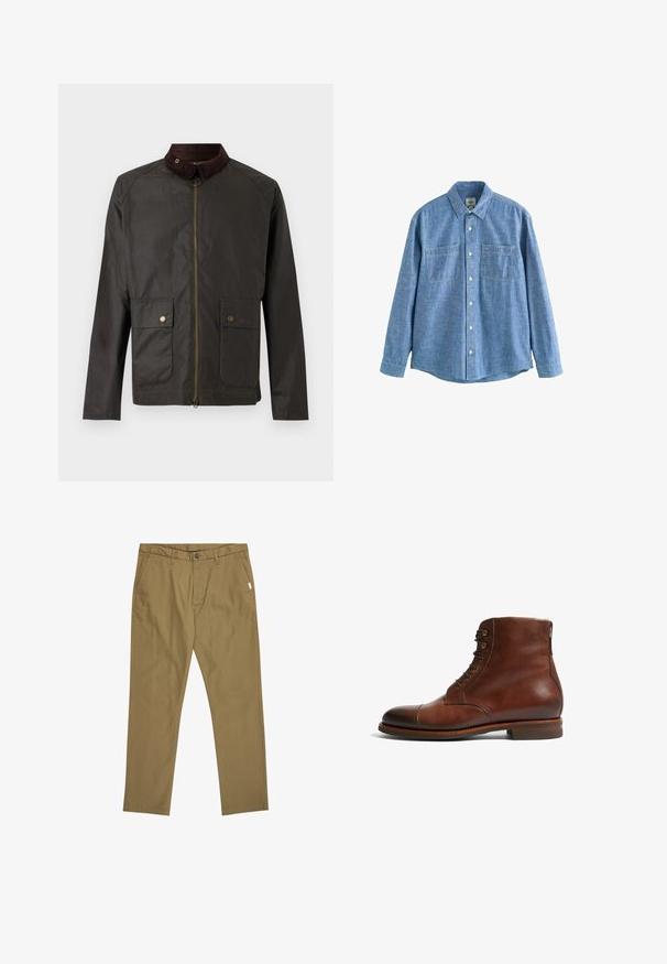 Barbour BEDALE WAX JACKET - Übergangsjacke - olive; Langärmliges blaues Chambray-Hemd mit Knopfleiste und zwei Brusttaschen, flach auf weißem Hintergrund liegend.; Khaki Chinos mit gerader Beinform, aus Baumwollstoff, mit Knopfverschluss und zwei seitlichen Taschen. Minimale Nähdetails an den Nähten.; Braune Leder-Stiefeletten mit runder Zehenform, 6 Ösen und einer glatten, strukturierten Oberfläche. Mit niedrigem, gestapeltem Absatz und kontrastierenden Nähten.