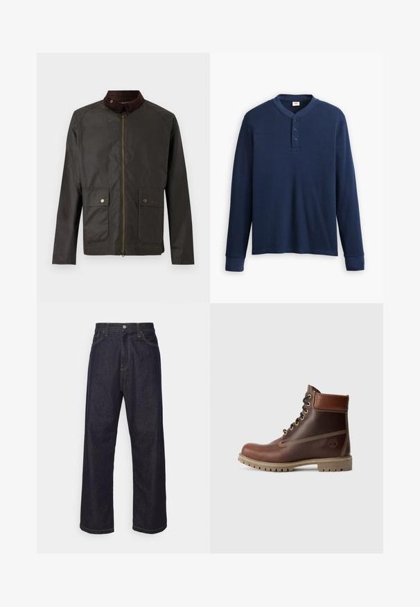 Barbour BEDALE WAX JACKET - Übergangsjacke - olive; Langärmliges navyblaues Henley-Shirt aus geripptem Stoff. Mit rundem Ausschnitt und einer Knopfleiste mit drei Knöpfen. Die Bündchen sind schmal geschnitten.; Dunkelblaue Jeans im geraden Schnitt mit gelben Nähten, Knopfverschluss, Reißverschluss und Fünf-Taschen-Design.; Braune Leder-Schnürstiefelette mit gepolsterter Knöchelpartie, kontrastierenden Nähten und robustem Sohlendesign, von der Außenseite auf einem weißen Hintergrund gezeigt.