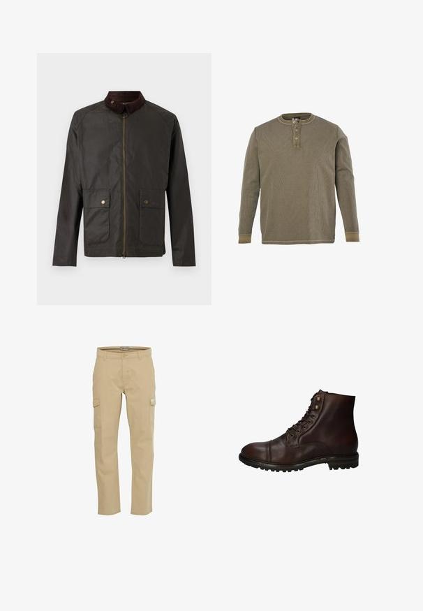 Barbour BEDALE WAX JACKET - Übergangsjacke - olive; Langärmeliges Henley-Shirt in olivgrün mit drei Knöpfen und gerippten Bündchen auf weißem Hintergrund.; Beige Cargo-Hosen aus Baumwolle. Mit Seitentaschen, Gürtelschlaufen und einem Reißverschluss. Gerader Schnitt, glatte Textur und ohne Muster.; Dunkelbraune Leder Schnürstiefelette mit robustem Gummisohlen und Metallösen, von der Außenseite betrachtet.