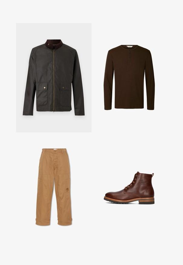 Barbour BEDALE WAX JACKET - Übergangsjacke - olive; Dunkelbraunes Langarm-Henley-Shirt mit rundem Hals und vier schwarzen Knöpfen in der vorderen Mitte.; Khakifarbene Arbeitshosen aus strapazierfähigem Stoff, mit mehreren Taschen, einem Knopfverschluss und gesticktem Logo auf dem Oberschenkel.; Braune Leder-Ankle-Boots mit runder Zehenpartie, Schnürdesign, kontrastierendem Absatz und Laufsohle sowie geprägtem Logo an der Seite.