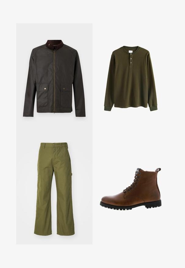 Barbour BEDALE WAX JACKET - Übergangsjacke - olive; Langärmliges olivgrünes Waffelstrick-Henley-Shirt mit gerippten Bündchen und drei Knöpfen am Kragen.; Olivgrüne, weite Hosen aus strapazierfähigem Material, mit Knopfverschluss, seitlichen Taschen und einem geraden Saumdesign.; Braune Lederstiefeletten mit strukturiertem Finish, metallischen Ösen und schwarzer Gummisohle. Mit Zuglasche hinten für einfaches An- und Ausziehen.