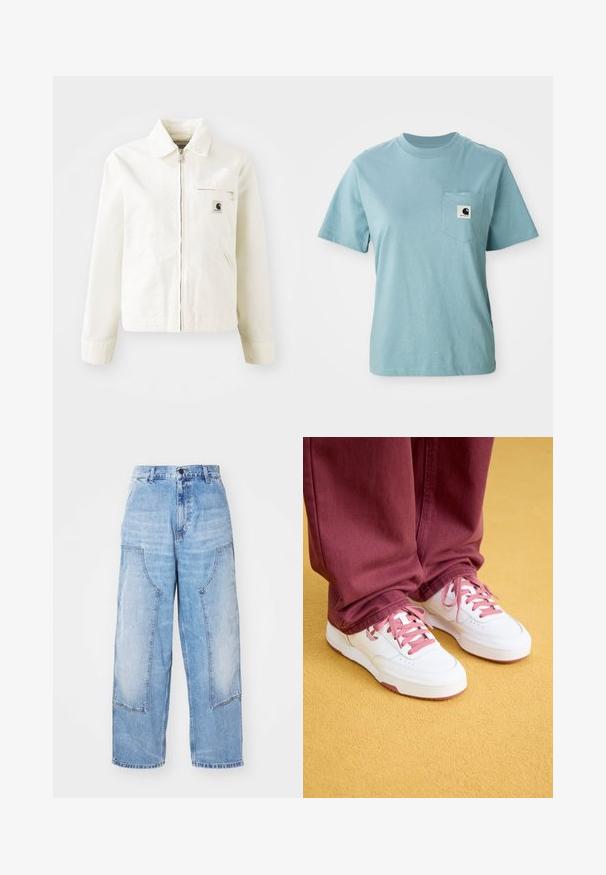 Chaqueta blanca de algodón con cierre frontal, cuello puntiagudo y bolsillos laterales. Presenta un pequeño parche con logo en el pecho y mangas largas.; Camiseta de algodón de manga corta color azul claro con bolsillo en el pecho que presenta un pequeño parche del logotipo en blanco y negro de Carhartt.; Pantalones de mezclilla anchos de color azul claro con dos grandes bolsillos frontales, cierre de botón y un ligero desgaste. Detalles de costura en los bolsillos.; Zapatillas blancas con cordones y acentos rosas, con un upper de cuero suave y una suela gruesa. Pantalones sueltos en color burdeos cubren parcialmente los zapatos.