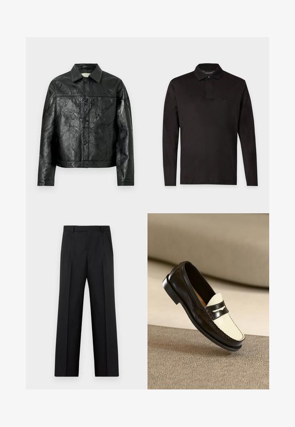 Veste en cuir noire avec une texture froissée, fermeture boutonnée, col pointu et manches longues. Comprend deux poches avant.; Polo noir à manches longues avec col, un seul bouton et un logo discret sur la poitrine gauche, présenté sur un fond clair uni.; Pantalon noir habillé à jambes droites avec plis avant, poches latérales et taille avec passants de ceinture, présenté à plat sur un fond blanc.; Mocassin en cuir noir avec un empeigne crème et des rayures noires, présentant un petit talon et des coutures détaillées le long des bords.