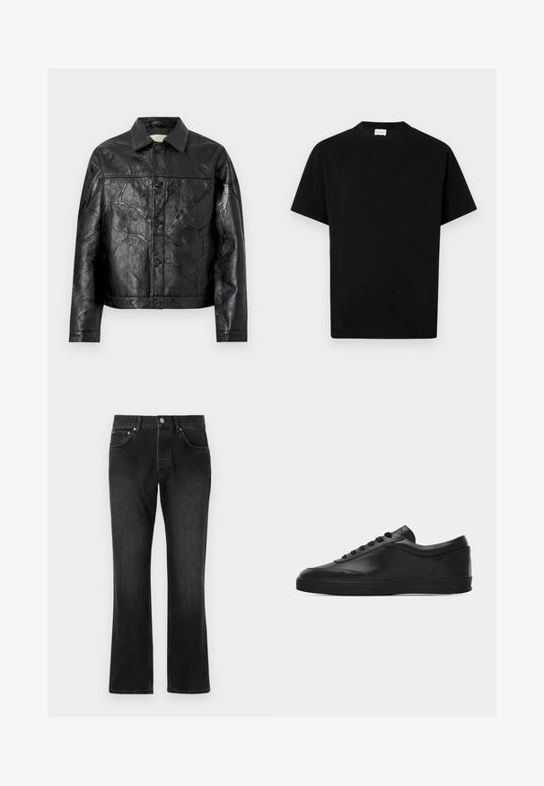 Veste en cuir noire avec une texture froissée, fermeture boutonnée, col pointu et manches longues. Comprend deux poches avant.; T-shirt en coton noir avec un col rond, des manches courtes et une coupe droite. Pas de motifs visibles ni de détails matériels.; Jean en denim noir avec une coupe droite, présentant une taille mi-haute, des poches avant et une fermeture à boutons classique.; Baskets basses en cuir noir avec lacets sur le devant et semelle en caoutchouc plate, vues de côté sur un fond blanc uni.
