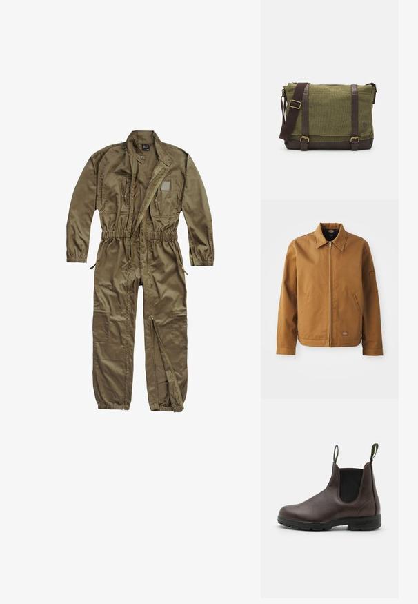 Ruskea puuvillatakki, jossa on kauluksellinen kaula, etuvetoketju, sivutaskut ja käsitasku. Takissa on brändätty merkki helmassa.; Oliivinvihreä utilitaristinen haalaripuku, joka on valmistettu kestävästä kankaasta. Siinä on vetoketjusuljenta edessä, joustava vyötärö ja useita taskuja vartalolla ja jaloissa.; Ruskeat nahkaiset chelsea-bootit, joissa on elastiset sivupaneelit, vetotapit ylhäällä ja kestävä kumipohja, joka on tyylikkään sileä.; Vihreä kangasviestintälaukku ruskeilla nahkaosilla, etuläppä, säädettävä hihna ja vetoketjukiinnitys ylhäällä. Varustettu kultaisilla metalliosilla.