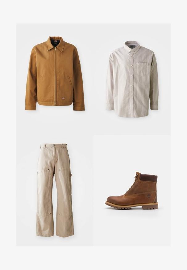Veste en coton brun avec un col, fermeture éclair frontale, poches latérales et poche sur le bras. Dotée d'une patte de marque près de l'ourlet.; Chemise boutonnée beige clair avec des rayures blanches verticales, à manches longues et avec une poche poitrine ; fabriquée en coton avec une texture lisse.; Pantalons larges beige en coton robuste. Comprend des poches avant et latérales, des coutures visibles et des accents en métal sur les poches.; Botte de randonnée en cuir marron avec une finition lisse, cheville rembourrée, œillets en métal et semelle en caoutchouc dotée d'un motif de crampons robuste.