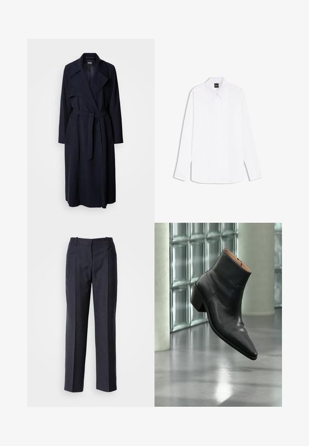 Marineblauwe trenchcoat met een grote kraag, lange mouwen, een strikceintuur in de taille en zijzakken. Glad materiaal met een ontspannen pasvorm.; Wit overhemd met lange mouwen, puntkraag en verborgen knopenlijst, met het label "BOSS" bij de halslijn.; Donkergrijze op maat gemaakte broeken met verticale strepen, recht model, tailleband met riemlussen en twee voorkruiszakken.; Zwarte leren enkellaars met een spitse neus en blokhak die zweeft boven een reflecterende grijze vloer nabij een glazen blokmuur.