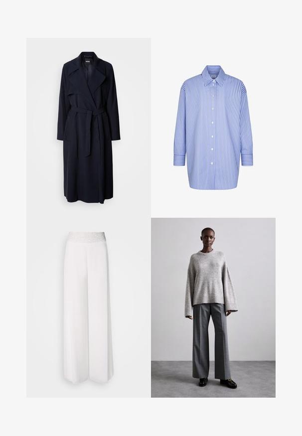 Marineblå trenchcoat med stor krave, lange ærmer, et bundet bælte i taljen og sidelommer. Glat stof med et afslappet pasformdesign.; Blå og hvid stribet knap-down skjorte med spids krave, 3/4 ærmer og en afslappet pasform, lavet af letvægtsstof.; Hvide vide bukser med en tekstureret sølvliv, der har et glat stof og flydende design. Velegnet til forskellige anledninger.; Grå strikket sweater med brede ærmer og ribbet kant, parret med høj-taljede grå bukser med et subtilt ternet mønster og sorte loafers.