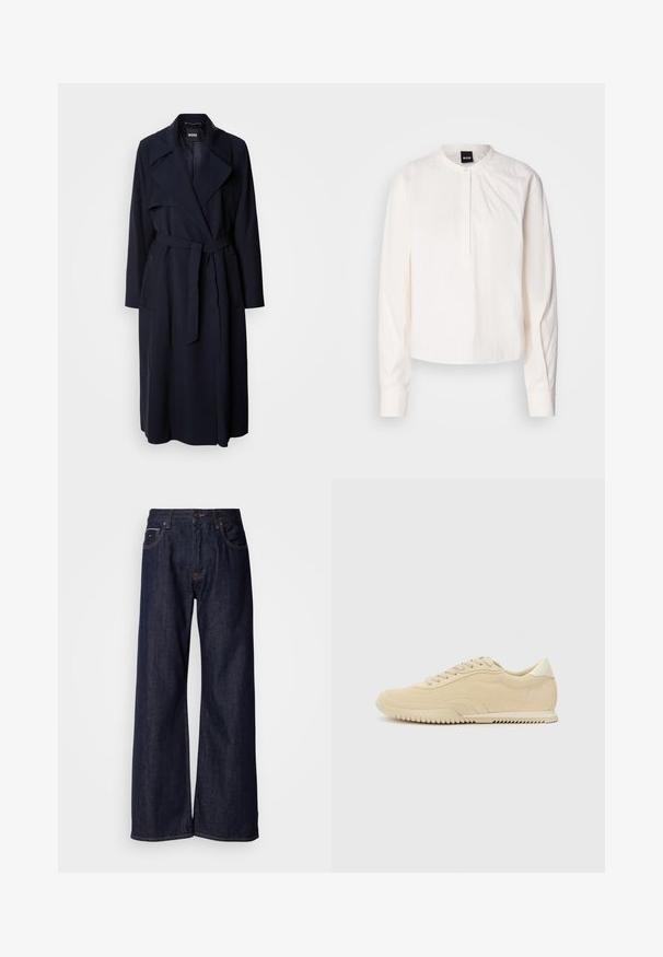 Marineblauwe trenchcoat met een grote kraag, lange mouwen, een strikceintuur in de taille en zijzakken. Glad materiaal met een ontspannen pasvorm.; Witte blouse met lange mouwen, een ronde kraag en knoopsluiting, met subtiele verticale strepen, weergegeven op een effen achtergrond.; Wijde donkerdenim jeans met een hoge taille, voorzien van steekzakken en subtiele stiksels. Glad textuur met een klassieke snit.; Beige nubuck sneaker met vetersluiting, gestructureerde bovenkant, contrasterende rubberen zool en een lichte hak. Minimalistische stijl met subtiele branding.