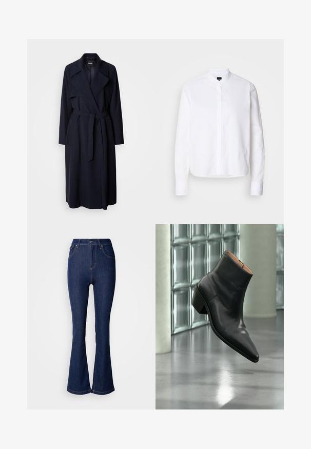Marineblauwe trenchcoat met een grote kraag, lange mouwen, een strikceintuur in de taille en zijzakken. Glad materiaal met een ontspannen pasvorm.; Witte overhemd met een voorpanneel, lange mouwen en knoopmanchetten. Gemaakt van glad katoen met een gestructureerde pasvorm.; Donkerblauwe uitlopende jeans van denim met een hoge taille, voorzien van voorzakken, contrasterende stiksels en een knoopsluiting.; Zwarte leren enkellaars met een spitse neus en blokhak die zweeft boven een reflecterende grijze vloer nabij een glazen blokmuur.