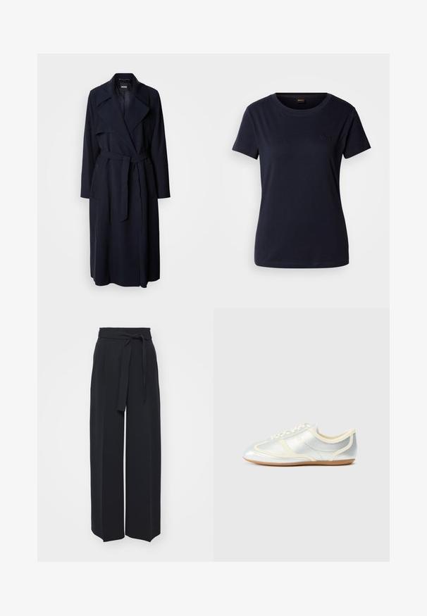 Marineblå trenchcoat med stor krave, lange ærmer, et bundet bælte i taljen og sidelommer. Glat stof med et afslappet pasformdesign.; Mørkeblå kortærmet T-shirt lavet af bomuld, med rund hals og et lille broderet logo på brystet. Glat tekstur.; Vide sorte bukser lavet af blød stof. Har en bælteholdbar talje og frontfolder. Glat tekstur med et rent, moderne design.; Sølvfarvede syntetiske sneakers med cremefarvede detaljer, lav profil, rundet snude og flad gummisål; har klassiske syninger og snørelukning.