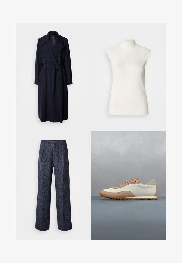 Marineblauwe trenchcoat met een grote kraag, lange mouwen, een strikceintuur in de taille en zijzakken. Glad materiaal met een ontspannen pasvorm.; Mouwloze witte coltrui gemaakt van zacht materiaal; heeft een aansluitend ontwerp met een hoge hals en een subtiele geribbelde textuur aan de zoom.; Broek in marineblauw met een gestructureerde weving, hoge taille, wijde pijpen en voorplooien. Voorzien van een enkele knoop en ritssluiting.; Crème- en beige sneaker met een textuur bovenwerk, veters en een rubberen zool, gepresenteerd boven een houten oppervlak met kiezelstenen.