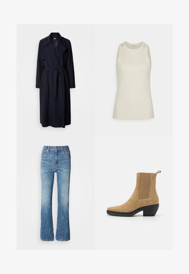 Marineblå trenchcoat med stor krave, lange ærmer, et bundet bælte i taljen og sidelommer. Glat stof med et afslappet pasformdesign.; IVY OAK KLARA ANN - Top - almond milk; Flares jeans i blå denim med lys vask, diagonalt hvidt tekstmønster, fem-lomme design og metalknap lukning.; Suedes ankelstøvle i lys brun med elastiske sidepaneler, spids tå og en medium blokhæl. Har en træktab ved hælen.