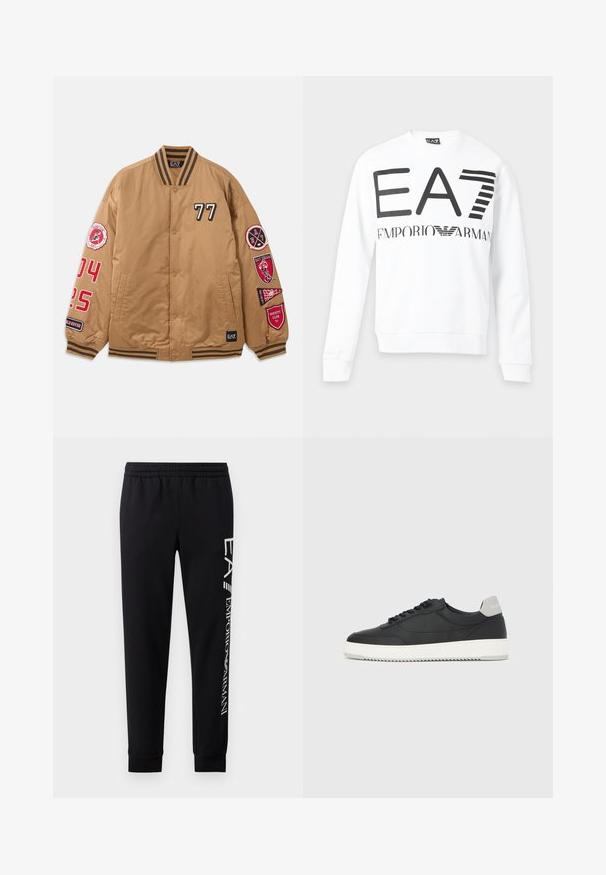 Braune Bomberjacke mit schwarzen und roten Patches, darunter '77' und Varsity-Club-Grafiken. Mit gestreiften Bündchen und Druckknopfverschluss.; Weißes Sweatshirt mit langen Ärmeln, großem schwarzem "EA7" und kleinerem "Emporio Armani" Text und Logo auf der Brust.; Schwarze Sweatpants aus Baumwollmischung mit elastischem Taillenbund, schmal zulaufenden Beinen, gerippten Bündchen und weißem Logo-Druck entlang der Seite.; Schwarzer Low-Top-Sneaker mit weißer Sohle und grauem Fersenlaschen, Seitenansicht vor einem weißen Hintergrund.