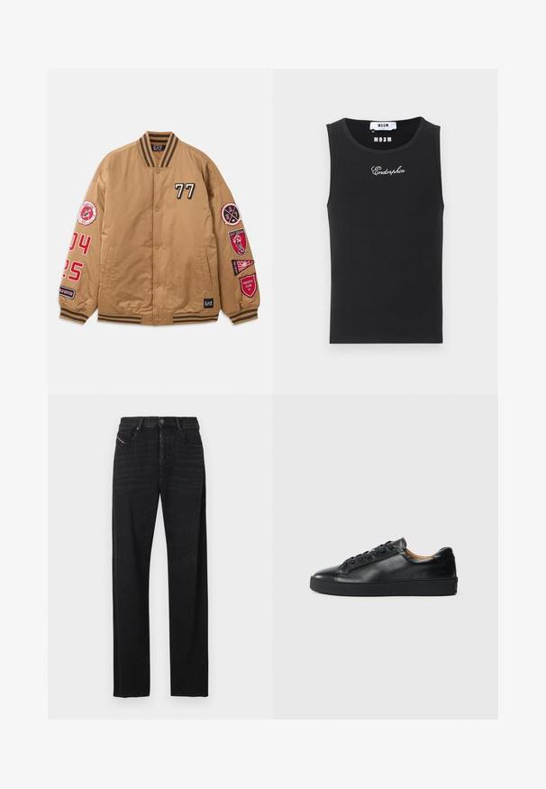 Veste bombardier marron avec des patchs noirs et rouges, y compris le '77' et des graphiques de club universitaire. Comprend des poignets rayés et une fermeture à boutons-pression.; Débardeur noir sans manches en tissu côtelé avec le texte "Endorphin" brodé en blanc et une étiquette de marque MSGM au niveau de l'encolure.; Jean en denim noir avec une coupe droite, des poches avant, et un détail de languette rouge sur la poche gauche. Le tissu présente une légère texture.; Baskets en cuir noir avec une texture lisse, bout rond et fermeture à lacets. Comprend une semelle en caoutchouc épaisse et un minimum de détails de marque.
