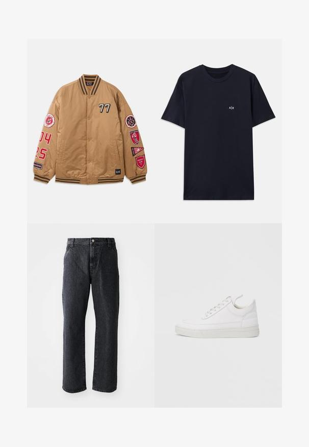 Braune Bomberjacke mit schwarzen und roten Patches, darunter '77' und Varsity-Club-Grafiken. Mit gestreiften Bündchen und Druckknopfverschluss.; Marineblaue Baumwoll-T-Shirt mit kurzen Ärmeln und Rundhalsausschnitt. Mit einem kleinen weißen "A|X"-Logo auf der linken Brustseite.; Schwarze Denim-Jeans mit geradem Schnitt, ausgestattet mit einem Knopfverschluss, fünf Taschen und subtiler Textur. Klassisches Design ohne auffällige Muster.; Weißer Ledersneaker mit abgerundetem Zehenbereich, flacher Sohle und Schnürverschluss. Verfügt über Nahtdetails und einen gepolsterten Kragen für zusätzlichen Komfort.