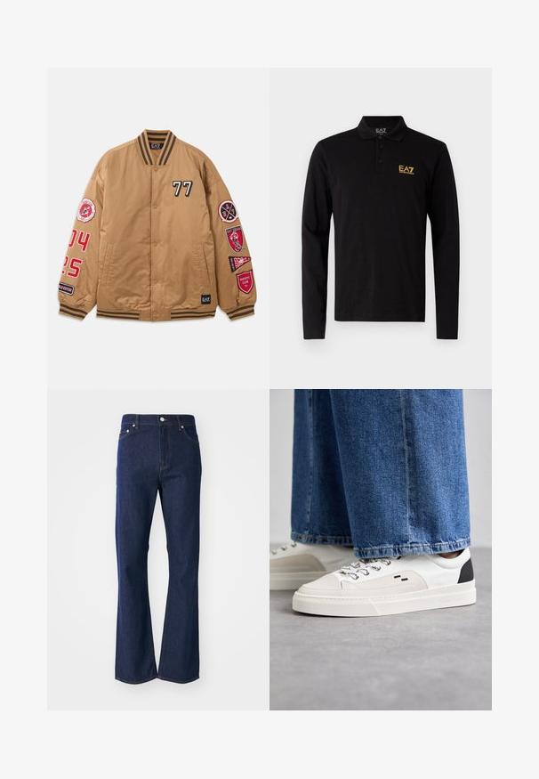 Veste bombardier marron avec des patchs noirs et rouges, y compris le '77' et des graphiques de club universitaire. Comprend des poignets rayés et une fermeture à boutons-pression.; Polo shirt noir à manches longues en coton, doté d'une patte de boutonnage à trois boutons et d'un logo brodé jaune contrastant sur la poitrine.; Jeans évasés de couleur bleu foncé en denim. Comprend cinq poches, une fermeture éclair à l'avant et un bouton métallique. Accents de couture classique.; Baskets blanches et noires avec une tige en cuir lisse, des accents texturés et une semelle épaisse blanche. Présentent un design classique à lacets.